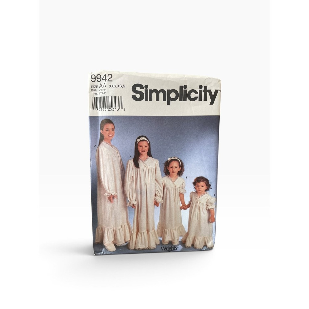 Simplicity 9942 Child's Girl's Nightgown Headband XXS XS S 1990s
